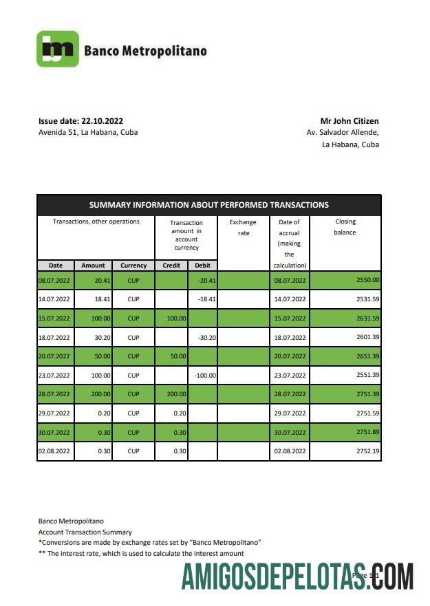 Cuba Banco Metropolitano Bank Statement Xls modelo